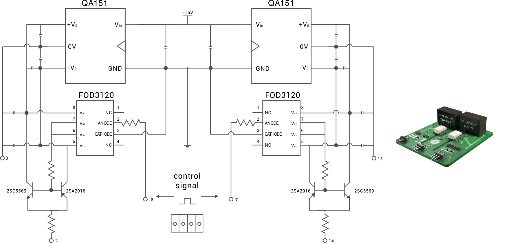 Circuit diagram of the ON Semiconductor driver demo board, with Mornsun’s QA151 power module.